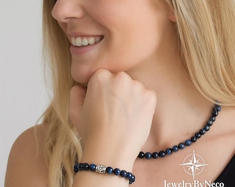 Blue Tiger Eye Beaded Elastic Bracelet for Men and Women: Natural Gemstone Protection Bracelet