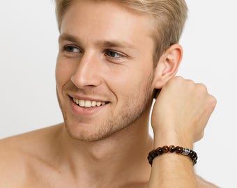 Genuine Tiger Eye Beaded Elastic Bracelet: Mens Womens Protection Bracelet, Handmade Gemstone Jewelry