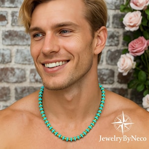 Mens Genuine Heishi Turquoise Necklace: Boho Beach Jewelry, Beaded Tribal Necklace for Men