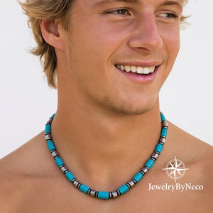 Mens Turquoise Howlite & Hematite Beaded Choker Necklace: Blue Natural Stone Necklace for Men