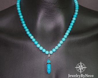 Natural Turquoise Necklace With Turquoise Pendant, Gemstone Beaded Necklace for Men and Women, Blue Stone Necklace, Unique Boho Necklace