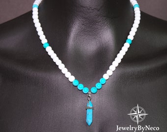 Natural Turquoise White Onyx Necklace Crystal Turquoise Pendant, Gemstone Beaded Necklace for Men and Women, Handmade White Blue Necklace