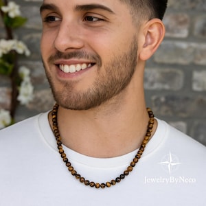 Brown Tiger Eye Beaded Necklace for Men: Boho Style Natural Stone Necklace, Grounding Gemstone