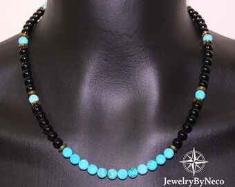 Turquoise & Onyx Beaded Necklace for Men and Women, Genuine Gemstone Choker Necklace, Handmade