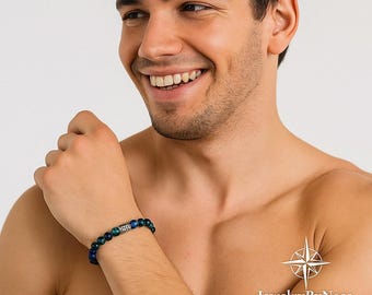 Azurite Beaded Elastic Bracelet for Men: Handmade Gemstone Jewelry, Mens Natural Stone Bracelet