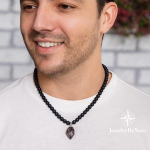 Mens Matte Onyx Necklace: Raw Amethyst Pendant, Black Boho Style
