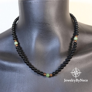 Green Jade & Onyx Necklace for Men, Genuine Gemstone Beaded Necklace, Mens Black Jewelry