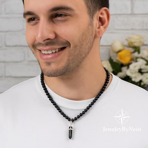Mens Black Onyx Necklace: Handmade Beaded Boho Necklace for Men, Chakra Aligner Jewelry