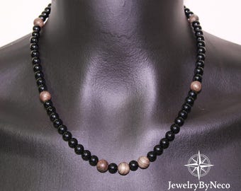 Mens Black Onyx Beaded Necklace, Gemstone Choker Necklace for Men, Tribal Style, Stylish Jewelry