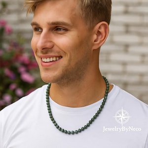 Green Jasper Necklace for Men: Natural Stone Beaded Necklace, Mens Gemstone Jewelry