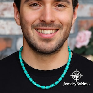 Turquoise Howlite Mens Necklace: Chunky Gemstone Tribal Style Choker Necklace, Natural Stone Jewelry