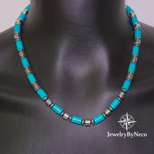 Turquoise howliet-chokerketting heren, kralenketting heren, hematiet-chokerketting heren, natuursteenketting, blauwe herenketting