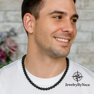 Black Onyx Beaded Necklace for Men: Minimalist Natural Stone Protection Necklace, Gemstone Jewelry