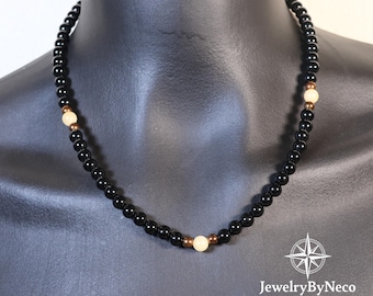 Mens Womens Onyx & Calcite Copper Hematite Beaded Necklace, Genuine Gemstone Choker Necklace, Unisex