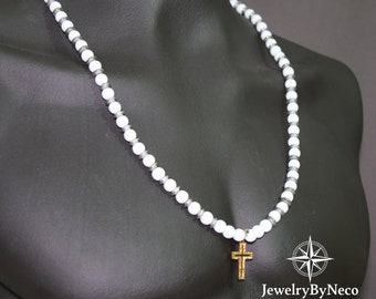 Weißer Onyx Edelstein Perlen Halskette mit Kreuz Anhänger, Handgefertigter Stein der Balance Halskette, Weißes Kreuz Halskette, Halskette für Männer und Frauen