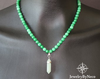 Faceted Aventurine Necklace With Crystal Aventurine Pendant, Gemstone Beaded Necklace for Men and Women, Adjustable Unique Boho Necklace