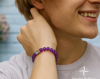 Amethyst Beaded Elastic Bracelet: Womens Mens Bracelet, Handmade Unisex Natural Stone Jewelry
