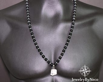 Mens Black Onyx Beaded Necklace with Moonstone Pendant, Short or Long Necklace for Men