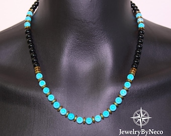 Mens Womens Turquoise & Onyx Beaded Necklace, Genuine Gemstone Choker, Short or Long Jewelry, Unisex