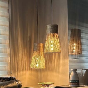 Handmade Jute Pendant Light: Coastal Farmhouse Kitchen Island Lighting; Minimal Cone Shaped Ceiling Lamp; Bedside,Dinner Table & Porch Shade