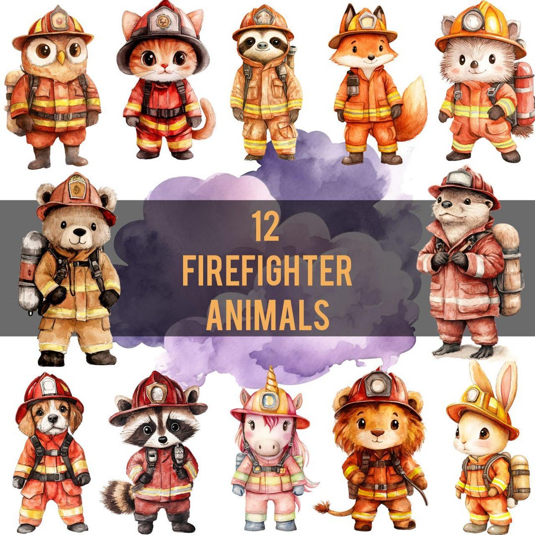 12 Firefighter Animals | Watercolor PNG Clipart | Print of Lion, Bear ...