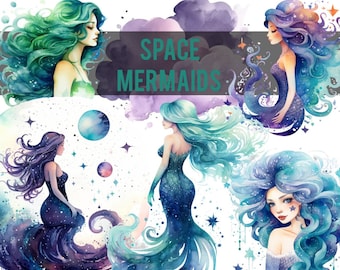 Space Mermaid Clipart| 5 Watercolor PNG| Cosmic mermaids| Galaxy mermaids clip art| Space fairy underwater world| Galaxy girl art|Green hair