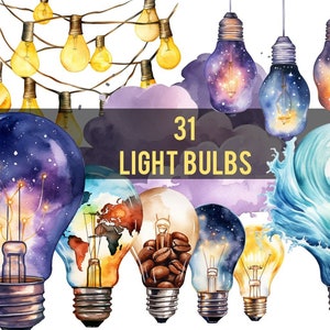Gloeilampen| 31 png-set | Aquarelclipart| Kosmische gloeilamp | Gloeilampenkrans | Gloeilamp met kaart, met boom, met stad, koffie
