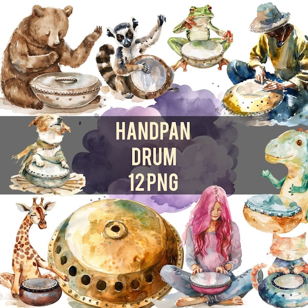 Handpan Drum | 12 PNG | Animals playing handpan clipart | Tongue drum art | Man and woman playing handpan | Bear, cat, giraffe, dino, lemur