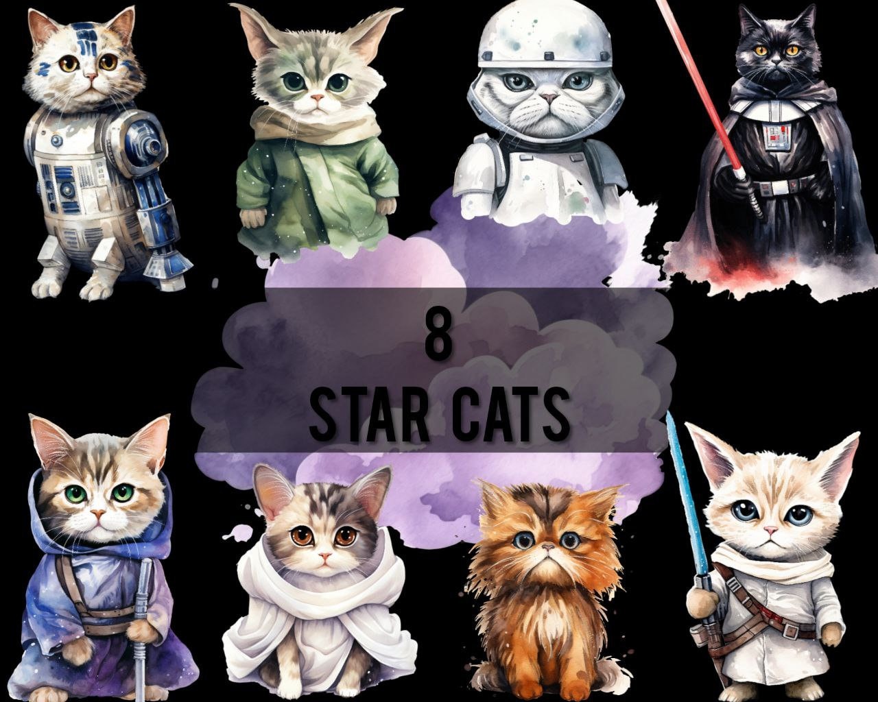 Star Cat Color Star Cats| Watercolor PNG Clipart Set| Printable| Space Wars Cats| High ...