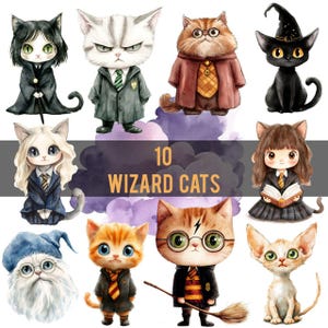 Puede incluir: Diez ilustraciones de acuarela de gatos vestidos de magos. Los gatos llevan túnicas, sombreros y gafas. Las ilustraciones están sobre un fondo morado y blanco. El texto "10 WIZARD CATS" está escrito en letras negras sobre un fondo blanco.