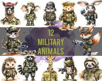 Military Animals| 12 PNG Clipart| Watercolor|(cat, fox, raccoon, owl, lama, hedgehog, elephant, bear, bunny, giraffe, frog, sloth)War Beasts