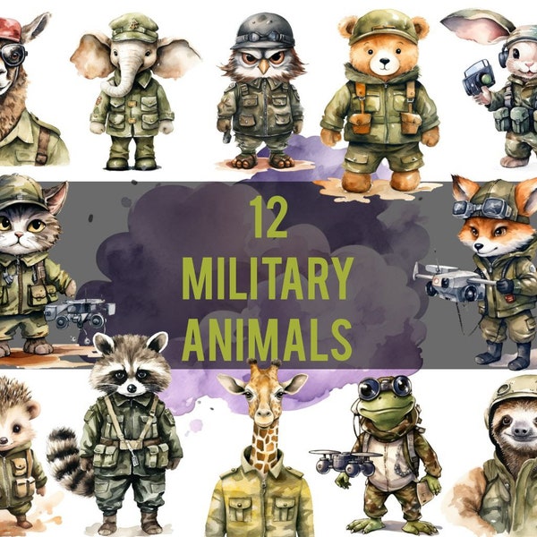 Militärische Tiere | 12 PNG Clipart | Aquarell|(Katze, Fuchs, Waschbär, Eule, Lama, Igel, Elefant, Bär, Hase, Giraffe, Frosch, Faultier)War Beasts