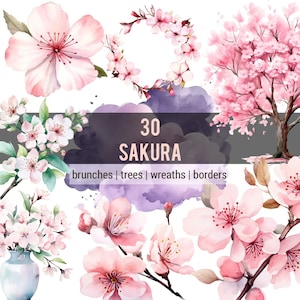Sakura Bundle | 30 Watercolor PNG Clipart | Brunches, Trees, Wreathes, Blossom, Borders | Cherry blossoms art | Pink Flowers