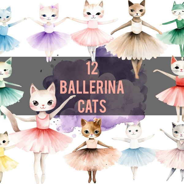 12 Ballerina Cats | Watercolor PNG Clipart | Kitty ballerina art | Cat in red, yellow, green, blue, pink, silver, lilac, pearch tutu