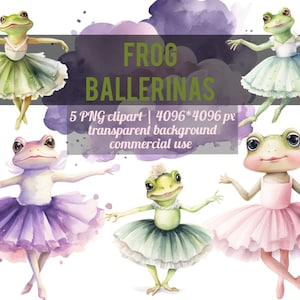May include: Five watercolor illustrations of frogs dressed as ballerinas. Each frog is wearing a different colored tutu. The frogs are in various poses, some are leaping, some are standing on one leg, and some are holding their arms out to the side. The background is a light purple watercolor wash.