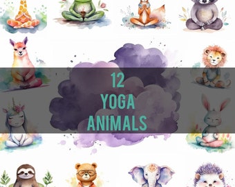 May include: Twelve watercolor illustrations of animals in yoga poses. The animals include a giraffe, frog, fox, raccoon, llama, lion, unicorn, bunny, sloth, bear, elephant, and hedgehog.