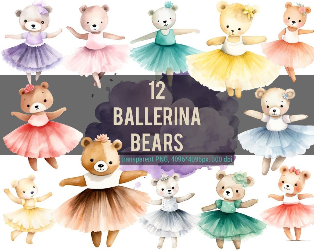 12 Ballerina Bears | Watercolor PNG Clipart | Teddy Bear Ballerina Art ...