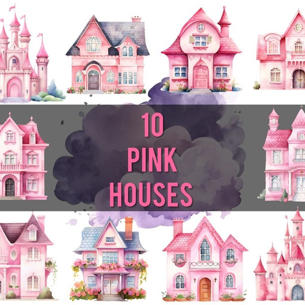 Pink Houses. Watercolor clipart. 10 PNG. Transparent. Pink castle| Barbie house clip art| Fairytale house| Princess castle|Barbie castle art