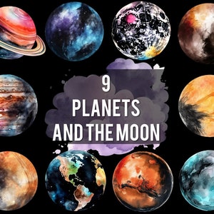 Planets of the Solar System and the Moon. Watercolor PNG clipart set. (Earth, Mars, Jupiter, Mercury, Neptune, Venus, Uranus, Pluto, Saturn)