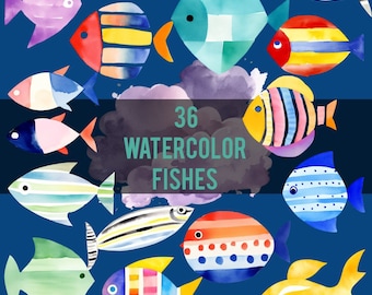 36 Aquarell Fische | PNG Clipart | Gestreifte bunte Fische | Schlicht gezeichnete Fische | Blau, Gelb, Mint, Rosa, Grün, Regenbogenfisch