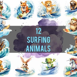 12 Animals Surfers | Watercolor PNG Clipart set | Surfing (unicorn, owl, fox, hedgehog, elephant, bear, lama, sloth, giraffe, lion, bunny)