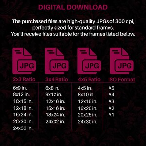 May include: A chart showing the different sizes of digital images available for download in JPG format. The chart includes 2x3, 3x4, 4x5 ratios and ISO standard sizes. The sizes are listed in inches for the ratios and in standard ISO paper sizes for the ISO format.
