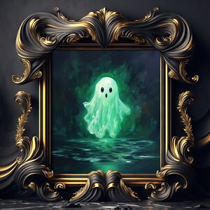 May include: A painting of a green ghost in a dark green and black frame. The ghost is floating in the air above a dark green body of water.