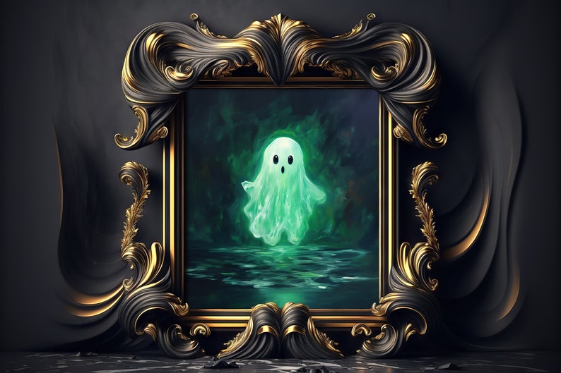 May include: A painting of a green ghost in a dark green and black frame. The ghost is floating in the air above a dark green body of water.