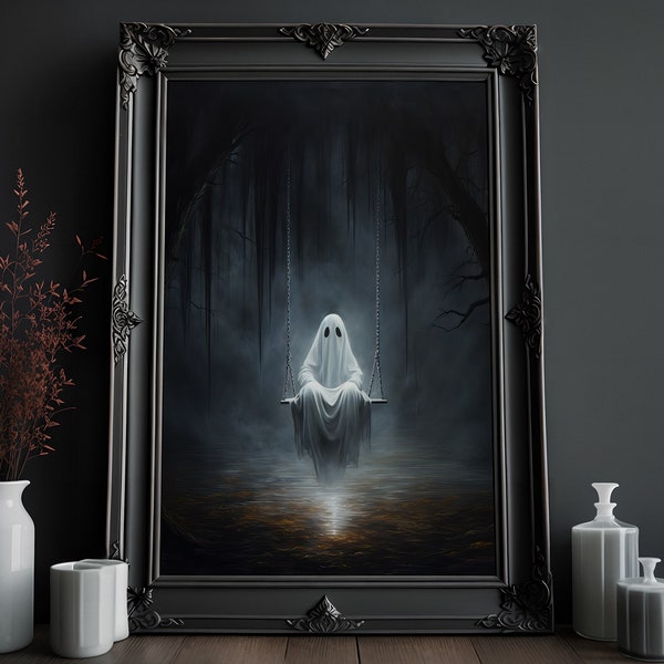 Cute Ghost on Swing Print | Vintage Oil Painting | Cottagecore Artwork | Ghost Wall Decor | Halloween Wall Art | Victorian Gothic Art