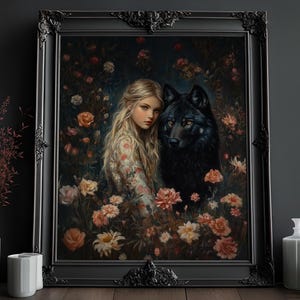 Black Wolf with Young Girl Print, Vintage Oil Painting, Cottagecore Artwork, Forest Animal Art, Floral Print, Wildlife Dark Academia Print