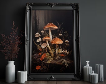 Cottagecore-afdruk | Botanische paddenstoelprint | Gotische kunst | Donkere muurkunst | Vintage-poster | Cottagecore-kunstwerk | Donkere Academia afdrukken