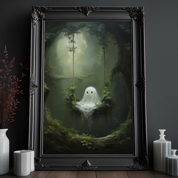 Cute Ghost Print | Cute Ghost Printable | Victorian Gothic | Cute Horror | Creepy Goth Wall Art | Vintage Oil Painting | Dark Home Decor