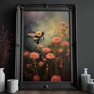 Bumble Bee Oil Painting: Dark Cottagecore Floral Print (Digital Download)