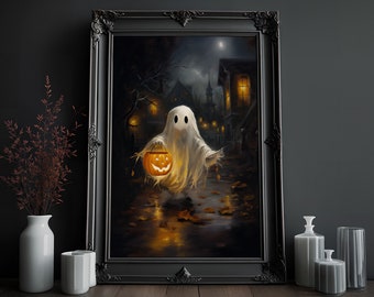 May include: A white ghost holding a glowing jack-o'-lantern in a dark, spooky town setting. The ghost is wearing a white sheet and has two black eyes. The jack-o'-lantern is carved with a smiling face and is lit from within. The town is dark and mysterious, with buildings in the background and trees lining the street. The ground is covered in fallen leaves.